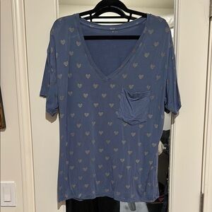 Blue Heart Patterned V-Neck T-Shirt